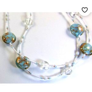 bjb Blue, White, & Copper Glass Beaded Necklace